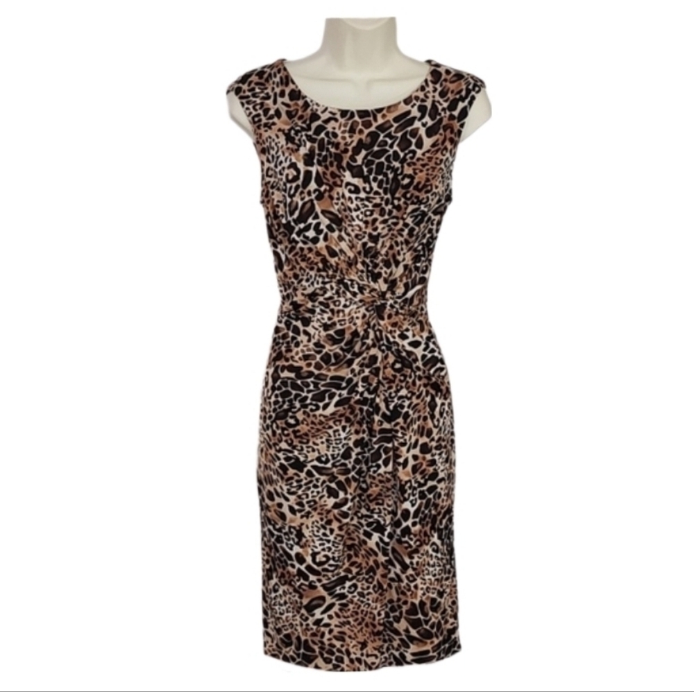 Black Label Dress By Evan Picone Animal Fuax Wrap Waist Brown Size 6